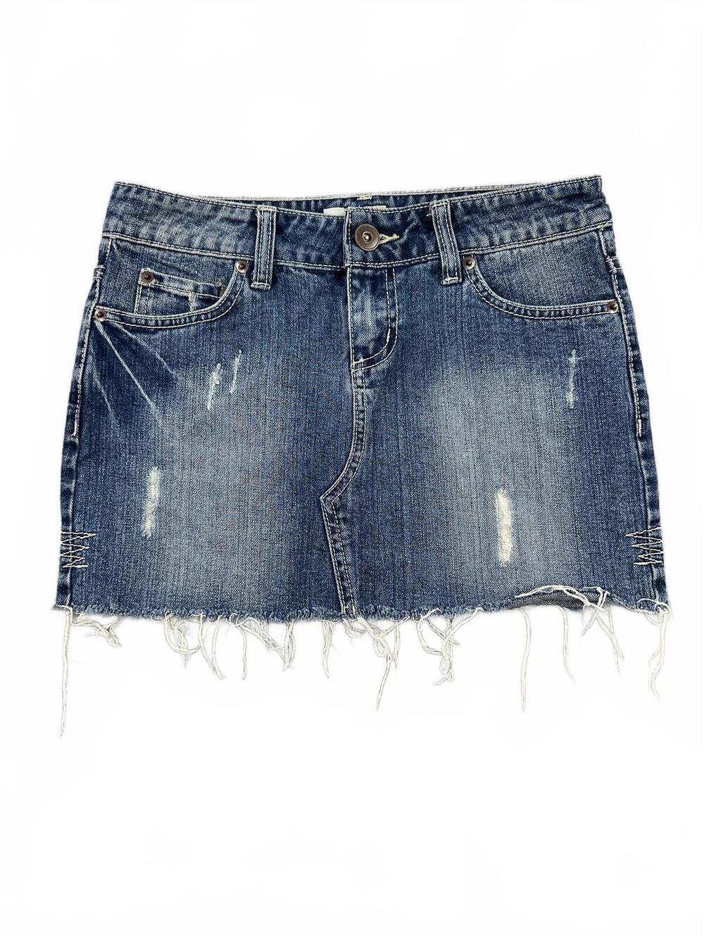 SO Denim Mini Skirt Distressed Raw Hem Vintage Blue